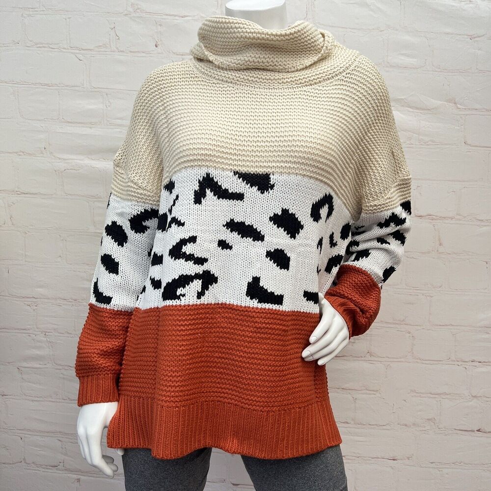 Women's Turtleneck Chunky long sleeve Leopard Print Sweater Cable Knit Sweater L - Picture 4 of 10